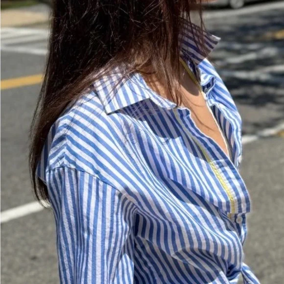 Lyla Grace Blue & White Stripe Tie Front French Girl Shirt NWT M - Picture 3 of 6